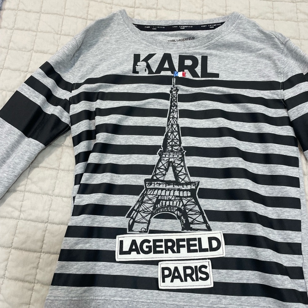 Karl Lagerfeld women’s Gray Striped Eiffel Tower Top